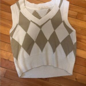 White and Tan Argyle Knit Vest